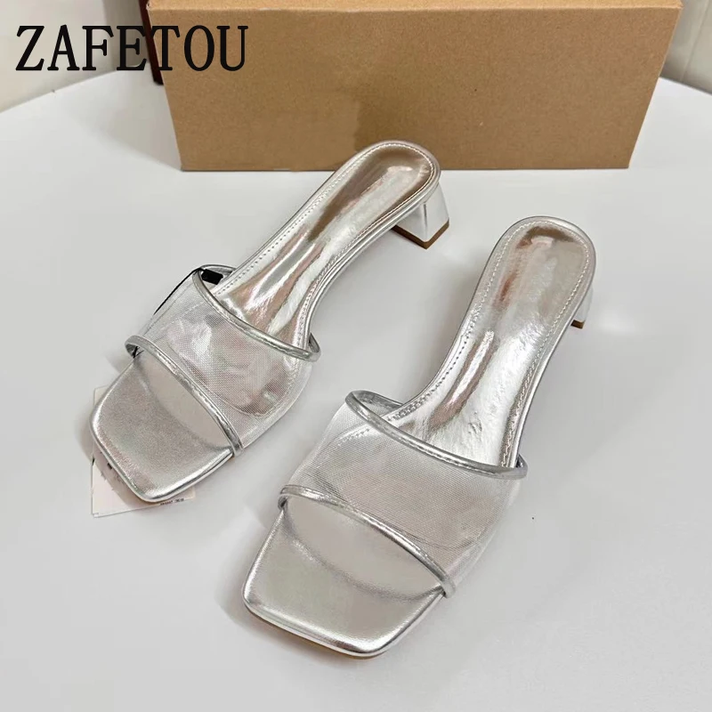 Zafetou Shoes Women 2024 Trend Summer New Products Square Toed Mesh With Silver Thick Heels Women's Slippers For Wearing Outside