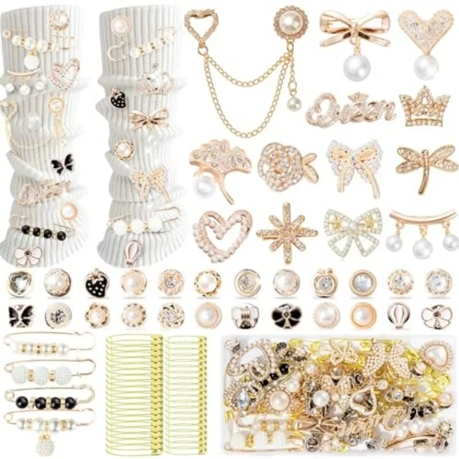 

80pcs Junk Socks Charms Kit, Gold Brooches and Pins for Women, Pearl and Rhinestone Shoe Charms with Safety Pins for Hat Clothe