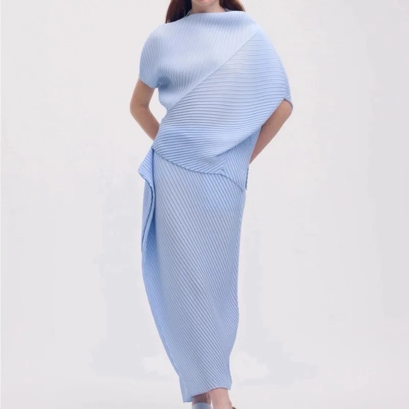Miyake Pleated T-Shirt 2026 Summer New Japane Irregular Cut Pile Collar Top Simple Fashion Lightweight Wrinkle-Free Women Skirt