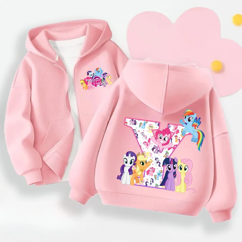 เสื้อคลุมมีฮู้ดลายมายลิตเติ้ลโพนี่สำหรับเด็ก น่ารัก พิมพ์ตัวอักษร A-Z แจ็คเก็ตซิปสำหรับเด็กผู้หญิง เสื้อโค้ทแขนยาวสำหรับฤดูใบไม้ผลิและฤดูใบไม้ร่วง ของขวัญเสื้อผ้าเด็ก