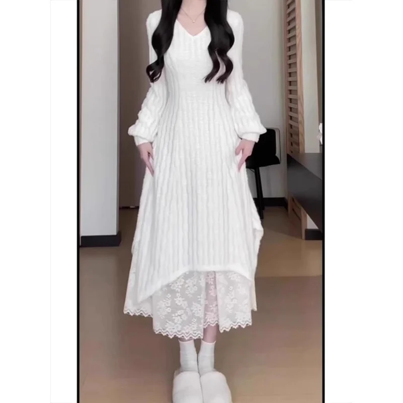 Lente 2025, nieuwe witte lange Sve gebreide Dr damesontwerp Sense kant splitsen lange rok casual Sle A-lijn midi Dr
