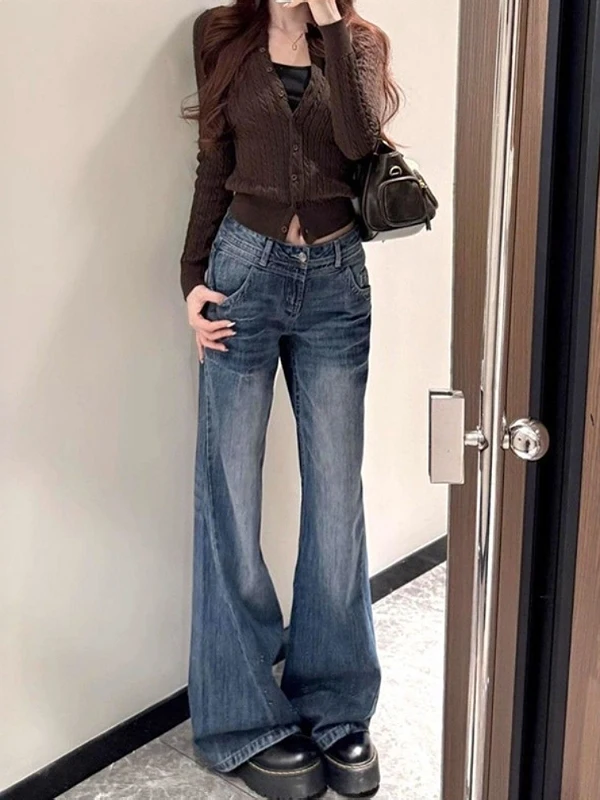 

Американские ретро-джинсы клеш для женщин, весенние, утепленные, с высокой талией, свободные, широкие брюки, повседневные, для работы и отдыха