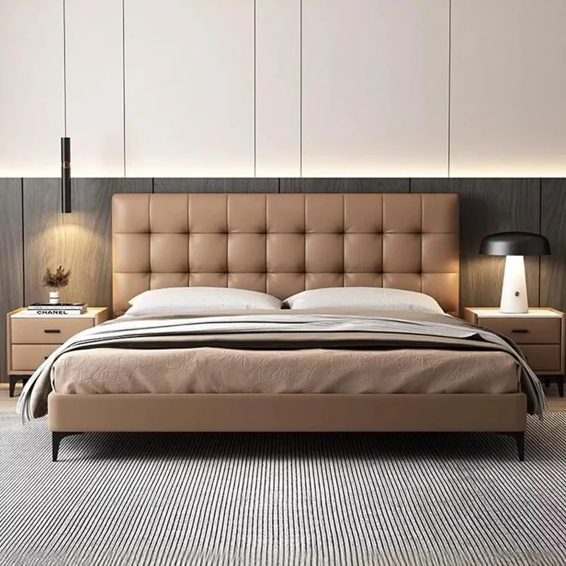 Waffle leather bed master bedroom double wedding bed soft bag bed