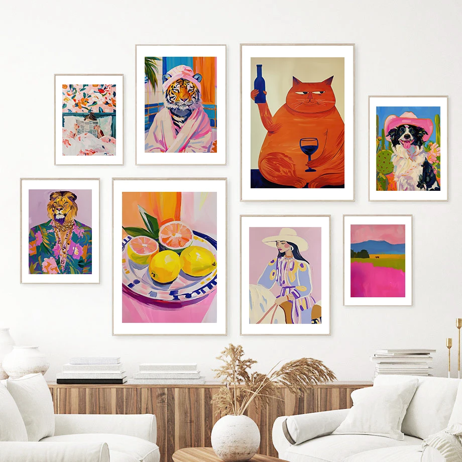 Fashion Tiger Funny Cat Fashionable Woman Field Watercolour Fashion Wall Art Canvas Painting Nordic Poster Room Decor