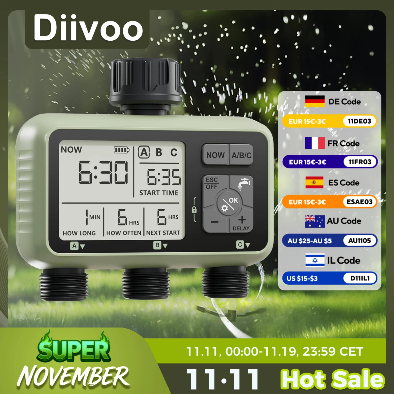 Diivoo Garden Water Timer 3 Zone Programmable Automatic Irrigation Timer with Rain Delay Manual/Auto Mode Watering for Lawn Yard