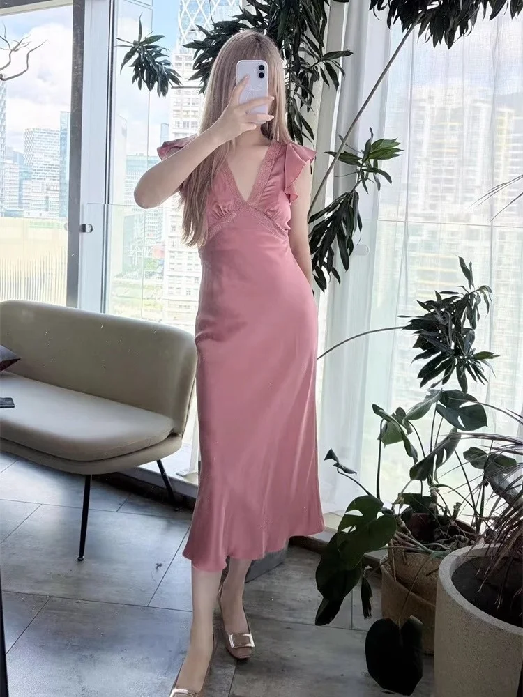 Sukienka damska Susan Faionable, odkryte ramiona, jedwab, koronka, patchwork, dopasowany krój, elegancka, francuski styl, dekolt w serek, na wakacje.