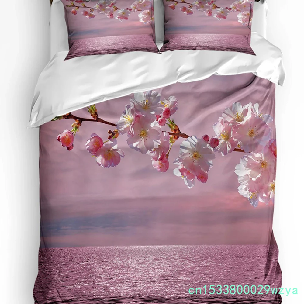 Lake Cherry Blossom Water Surface Pink Flower Bedding Set 3pcs Duvet Cover Pillowcase Quilt Cover Double Bed Set Home Textile