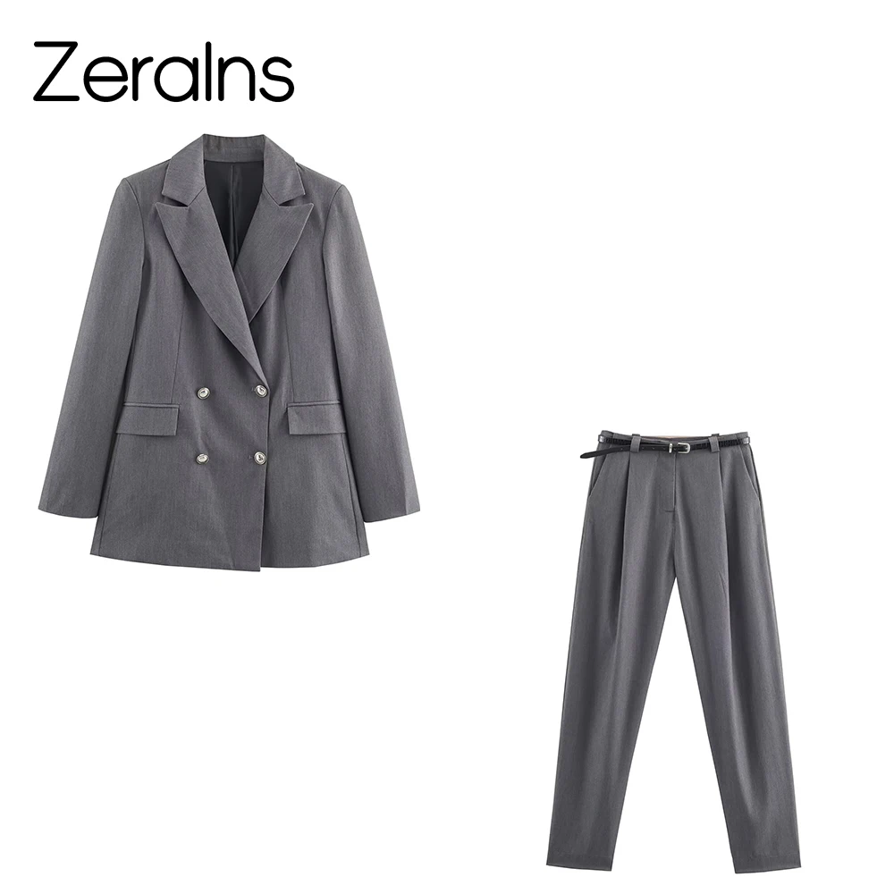 ZERAINS بدلة ركاب جديدة للخريف سترة نسائية مزدوجة الصدر مزدوجة الصدر مع سراويل بحزام