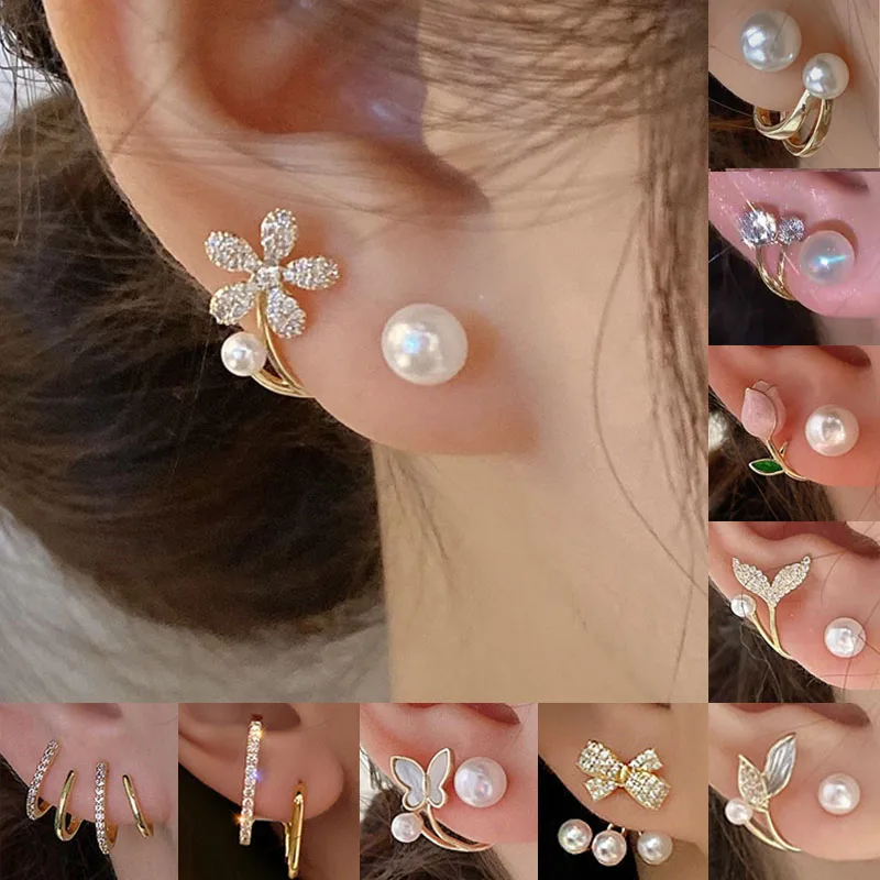 Korean Vintage Pearl Crystal Earrings For Women Jewelry High-class Luxury Zircon Flower Butterfly Leaf Women\'s Stud Earrings