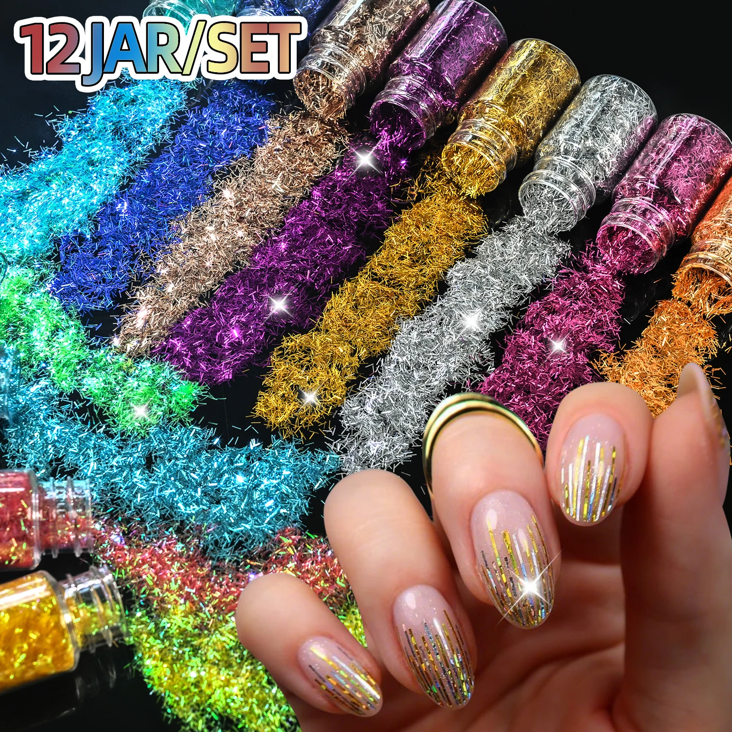12Jars/Set Holographic Strip Nail Glitter Sequins 3D Laser Thin Lines Nails Flakes Decorations DIY Crafts Manicure Accessories P