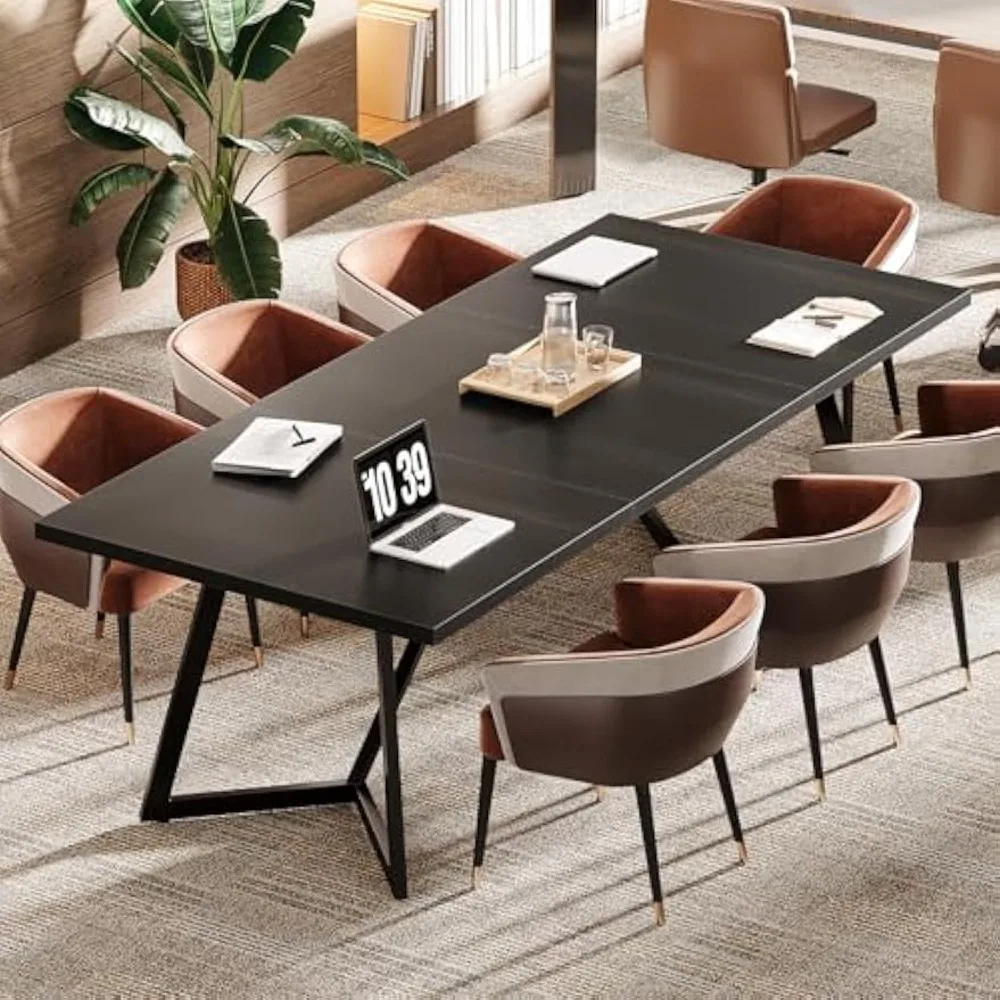 

70.87" Conference Table, Modern Black Meeting Table with Metal Frame, Rectangular Seminar Table Boardroom Desk for Office Meeti