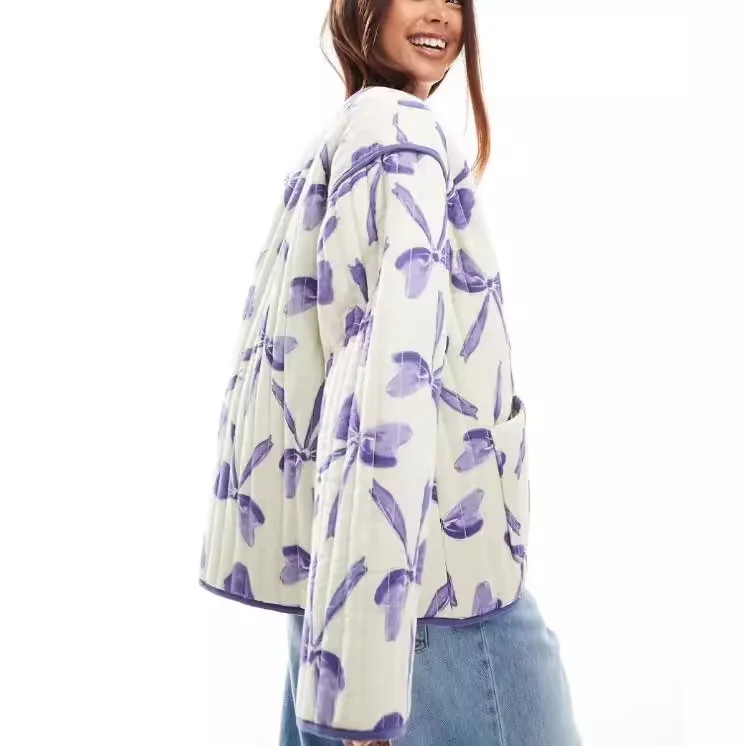 Women's Clothing Popular Purple Flower Cotton Jacket Autumn Winter Long Sleeve Coat Parka