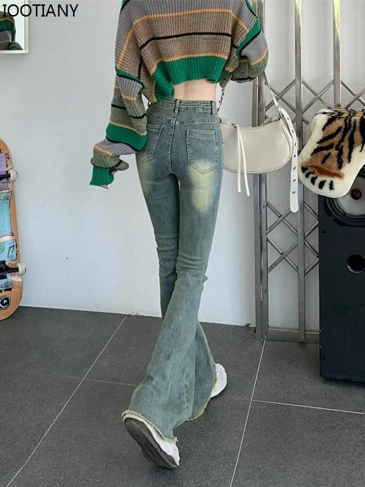 New Blue Stretch Jeans For Women Raw Edges High Waist Slimming Micro-flared Trousers Retro Floor-length Fashionable Streetwear