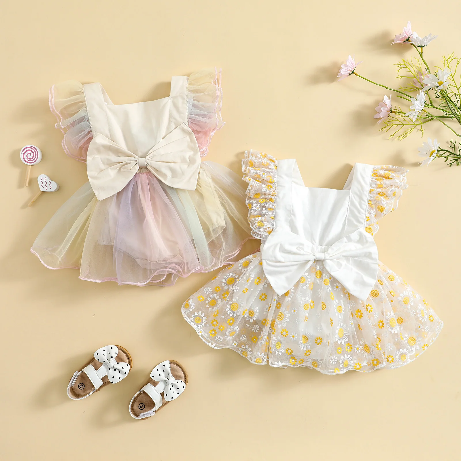 

Infant Girls Sweety Princess Romper Tutu Skirt Square Collar Sleeveless Bow Decor Princess Dress Bodysuits Baby Girls Sunsuits