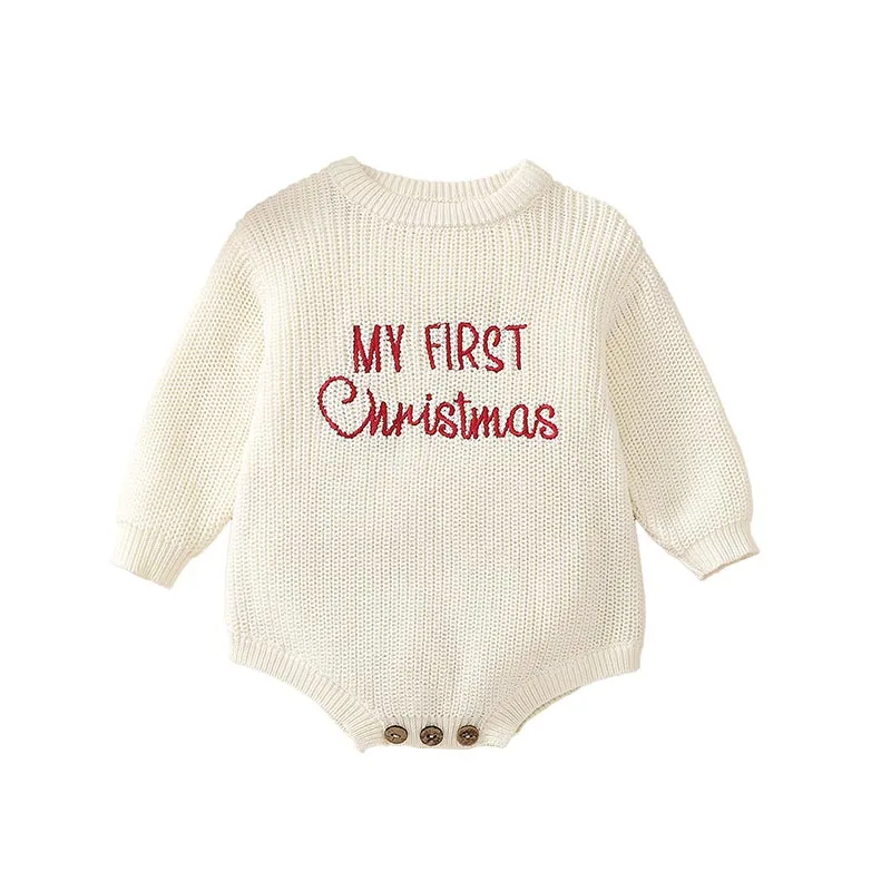 Baby Christmas Sweater Romper Letter Embroidery Long Sleeve Crew Neck Knit Bubble Jumpsuit