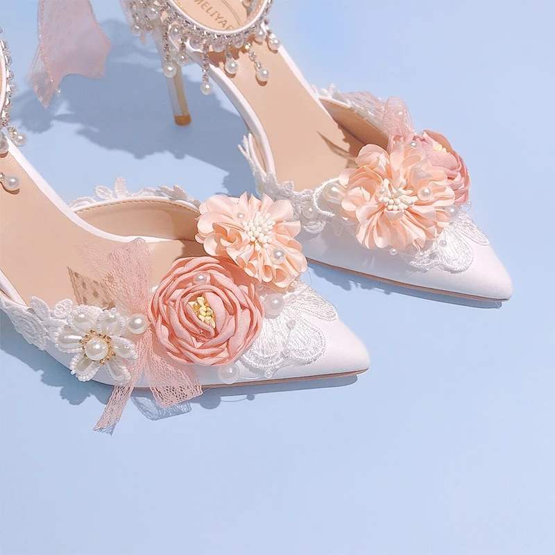 Pearl Rhinestone Tassel Ankle Strap Sandals Bride Dress High Heel Pink Bowknot Wedding Shoes Bridesmaid Lace Flower Sweet Shoes