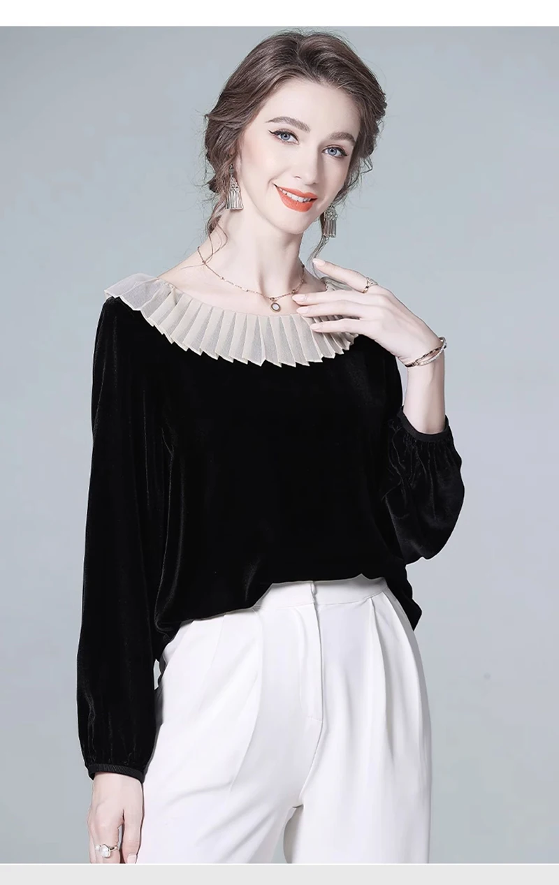 Natural Silk Velvet Women's T-shirt with Ruffled Collar and Hood. Elegant Style, Fashionable Top with Lustrous Appearance