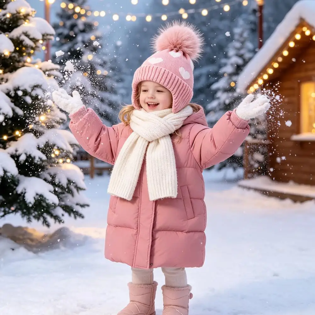 Cozy Winter Gift for Children Kids Winter Knit Hat with Soft Pompom Cozy Earflap for Boys Girls Warm Heart Pattern for Children