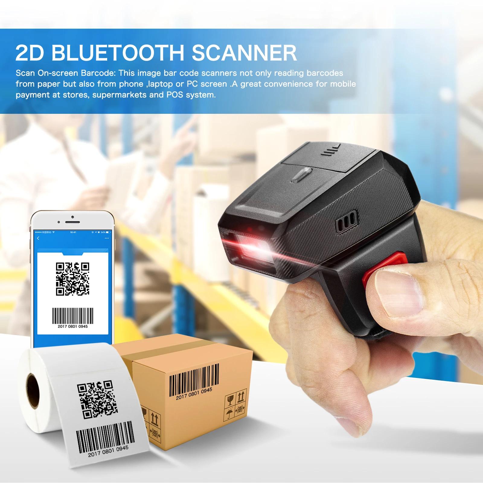 Netum RS-8000BT Finger Wireless Blue Tooth Portable Barcode Reader Mini 2D Bar Code Scanner Ring Scanner Image CMOS Scanner