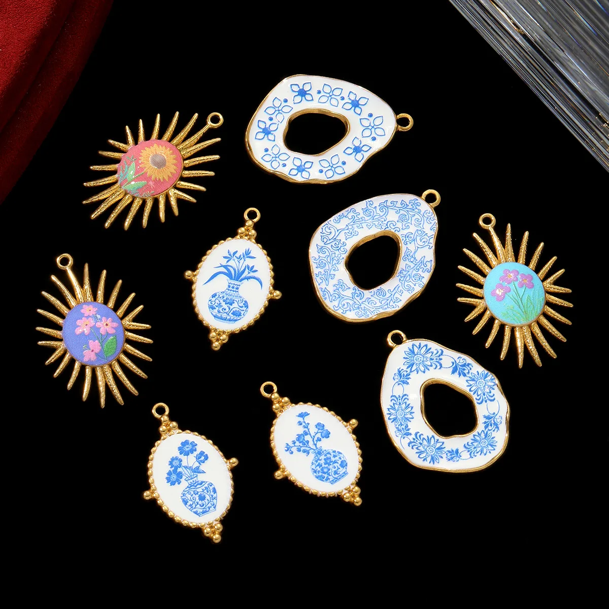 3pcs/Lot Retro Stainless Steel UV Enamel Blue and White Porcelain Necklace Pendant Sun Flower DIY Earring Charm Women Jewelry