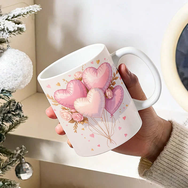 

1pcs Sweet Heart Balloon and Rose Ceramic Cup with Handle, Creative Coffee Cup,Insulated Milk Cup, Office Tea Cup,Fade-Resistant