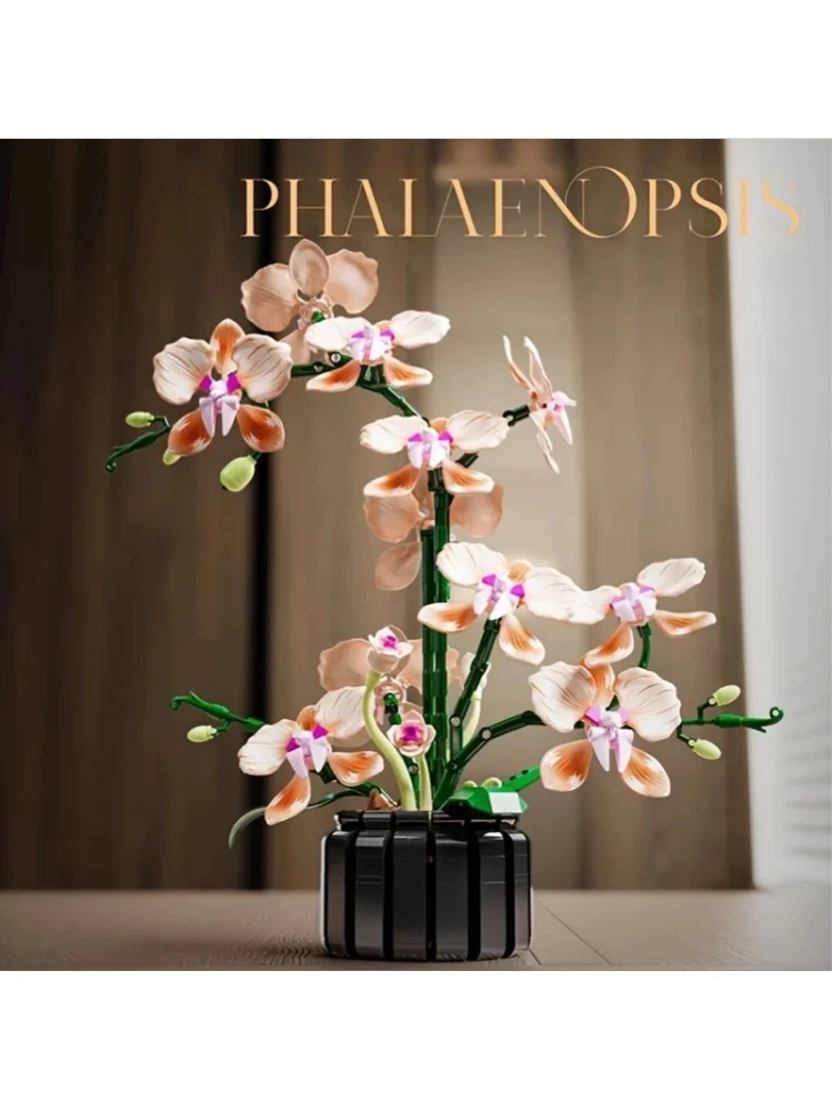 Orchideen-Blumen-Baustein-Set im Topf, Künstliche Pflanze, Elegantes Modell zur Dekoration von Schreibtisch, Büro, Wohnzimmer, Schlafzimmer, Hochzeit, Party, Romantisches Valentinstags- oder