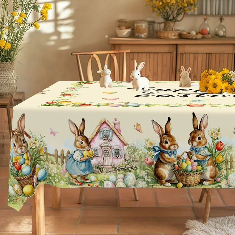 Mixed Style Easter Bunny Table Cloth for 6 Seater Egg Hunting Theme Rectangle Table Cover for Dinner Party Picnic Outdoor 180cm
