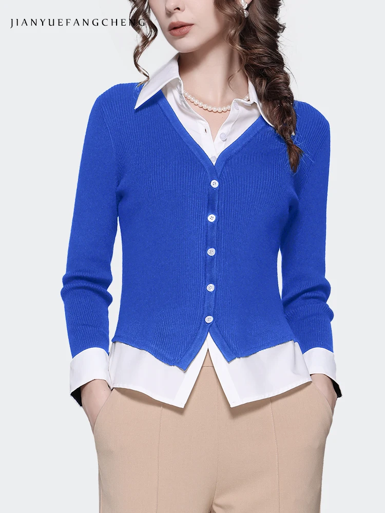 2023 Autumn Blouse Fake Two Piece Knitted Shirts Top Women\'s Slim Fit Spliced Design Cardigan Sweater Turn-down collar Shirt