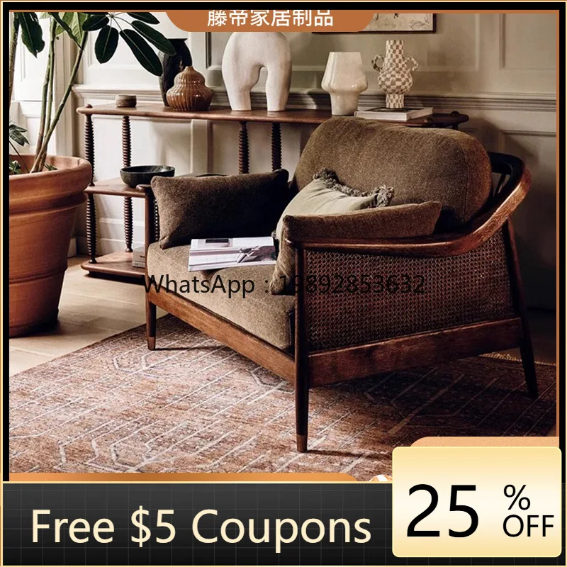 LYY Retro Casual Rattan Sofa for Homestays and Hotels, Indoor Decor Rattan Chair, Vintage  Single and Three-Seater Sofa Chair