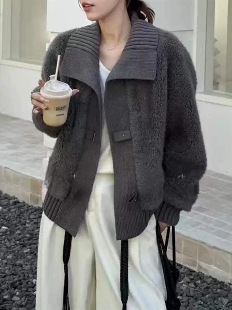 

Женская вязаная куртка из овечьей шерсти с воротником-стойкой, теплая хлопковая одежда, новая зимняя модная повседневная корейская свободная куртка