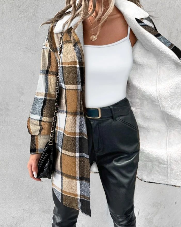 

Hot Selling 2024 Plaid Pattern Lapel Jacket with Buttons, Wool Lining, Long Sleeved Casual Women's Long Jacket