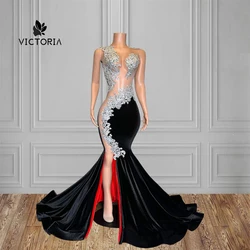 Illusion Black Velvet Silver Lace Applique Long Prom Dresses For Black Girl Silt Mermiad Birthday Party Dress vestido de gala