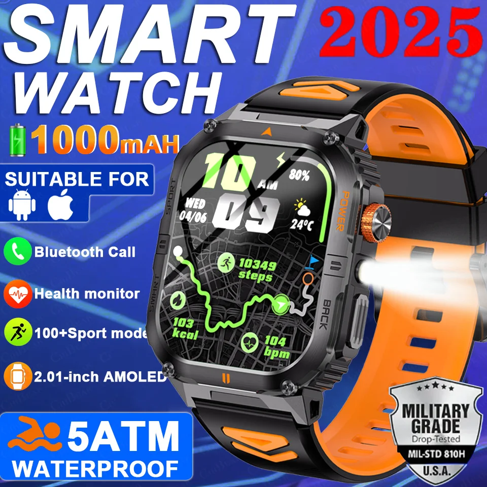 

1000mAh Large Battery Durable Adult Smart Watch 2.01inch Screen Strong Flashlight 5ATM Waterproof BT Call Sports Smartwatch Men