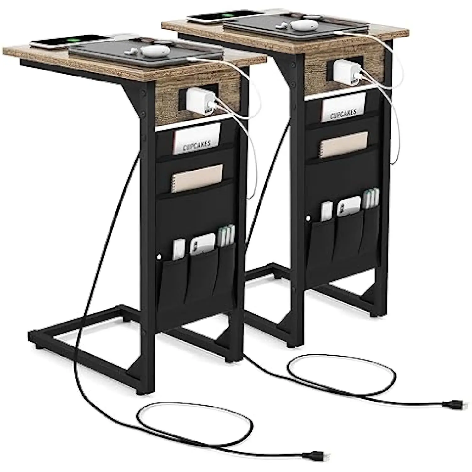 

C Shaped End Table Set of 2, Sofa Side Table with Charging Station & Side Storage Bag, Metal Frame Couch Snack Table with 2 Ou