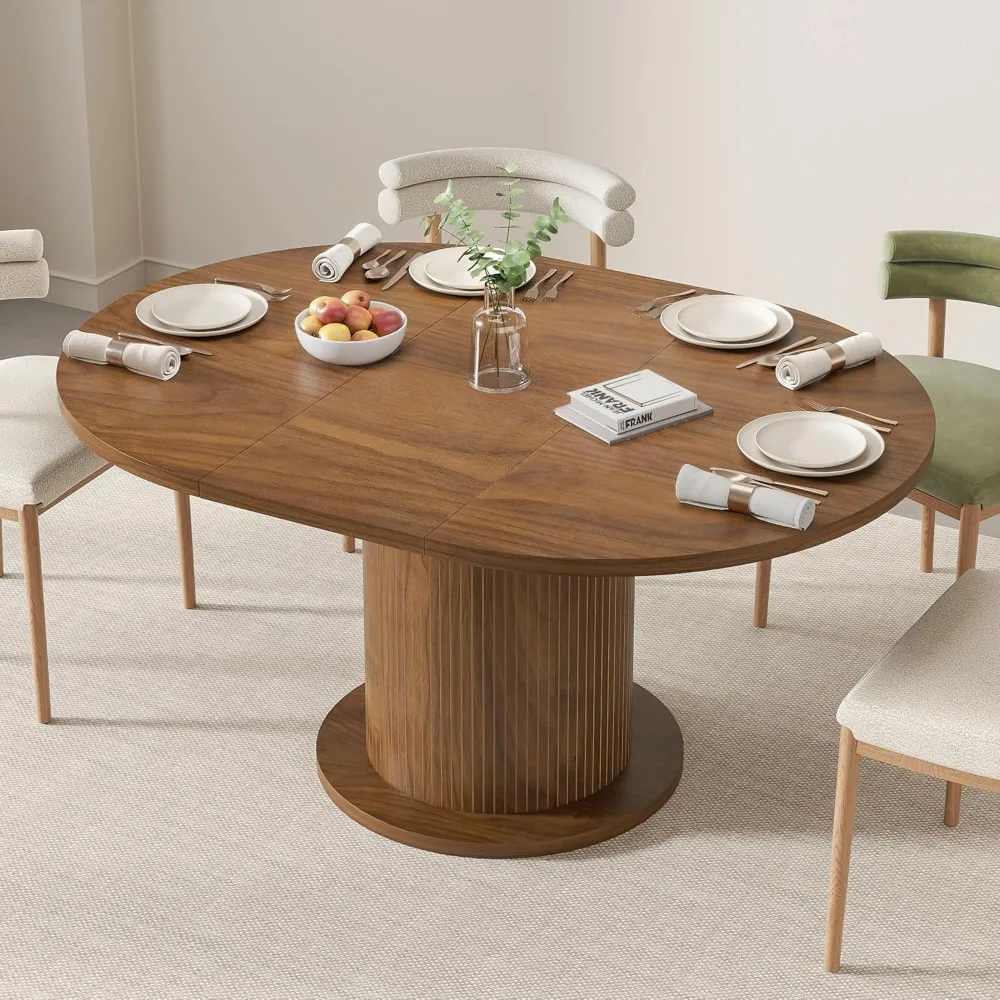 Unique Design Modern Farmhouse Kitchen Table, Circle Dining，43.3 inch 59 inch Adjustable Size Round Dining Table for 4 6