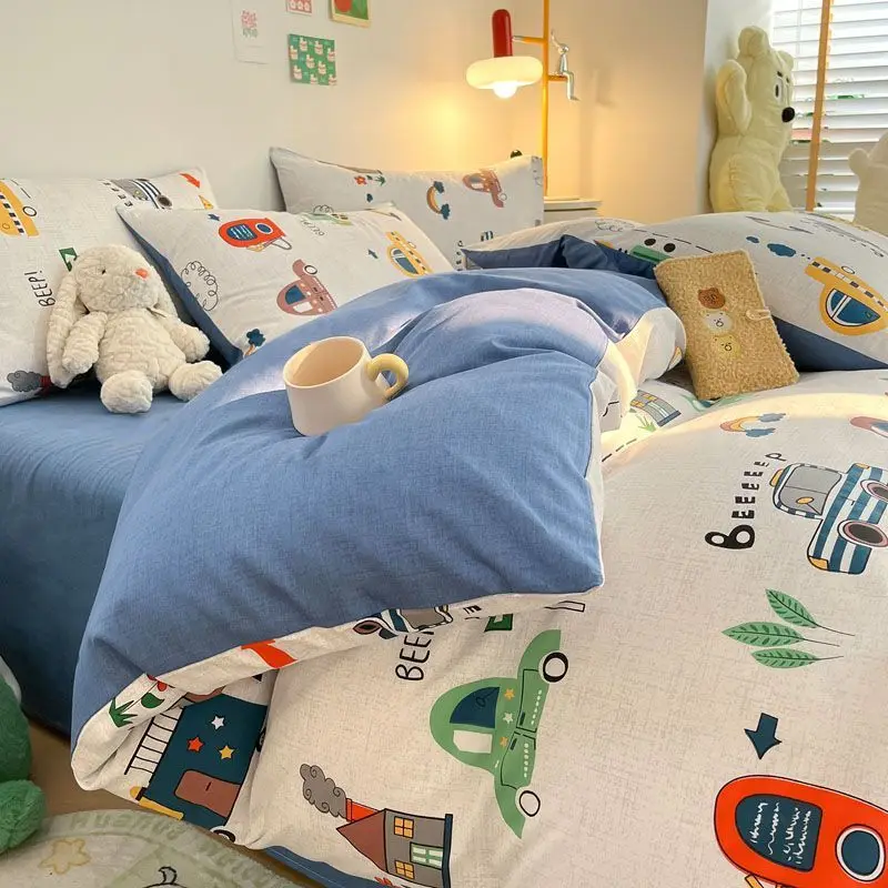 

Милый автомобильный пододеяльник без наполнителя, детская плоская простыня, наволочка Ins Twin Queen Size для девочек и мальчиков, теплый комплект постельного белья