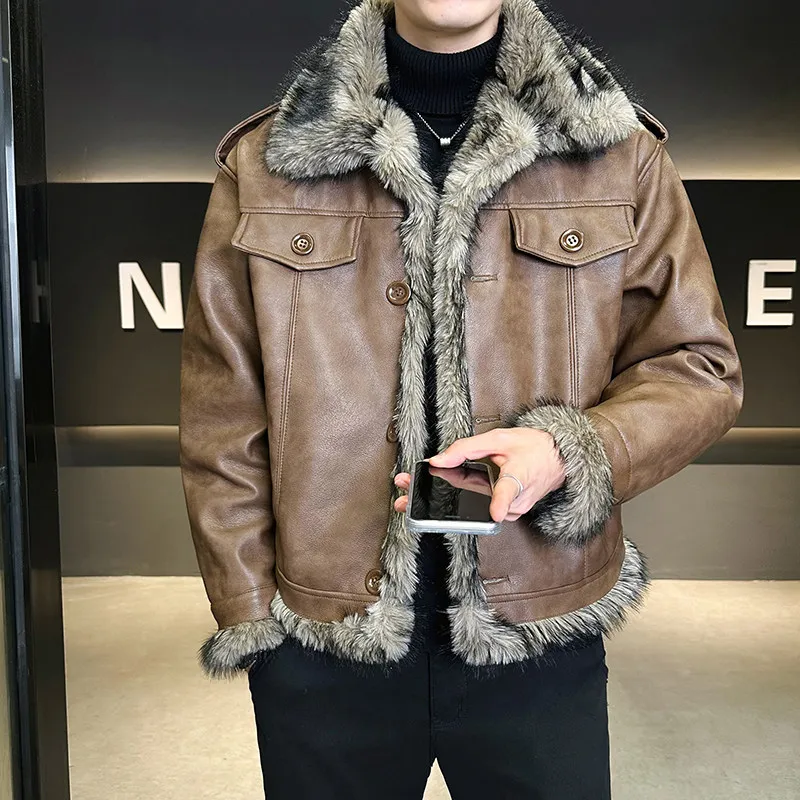 

Fall Winter Thiened American Sle Fur Jaet Real Fur Coat Innersided with Fce Warm And Waterproof Men's Leather Coat