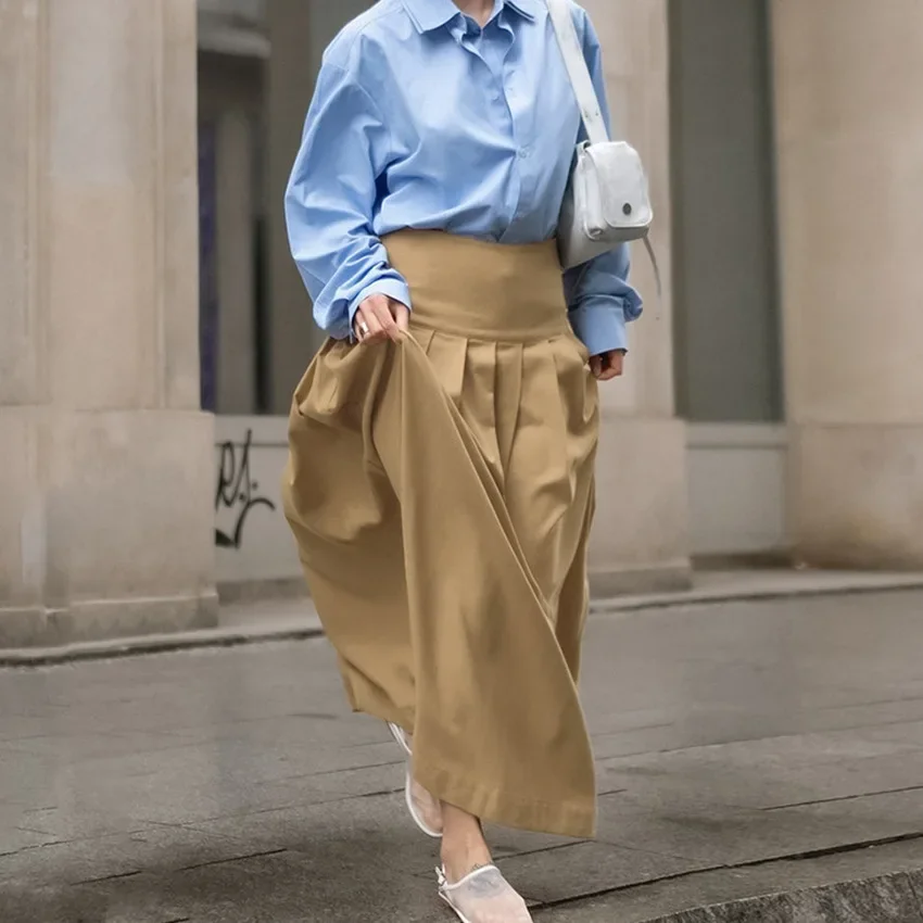 Saia plissada feminina primavera retro francês indústria pesada cáqui plissado em forma de saia média e longa