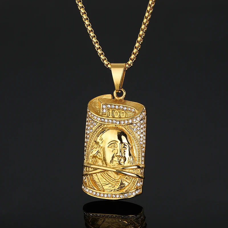 Hip Hop Bling Iced Out Stainless Steel $100 Franklin Pendants Necklace for Men Rapper Jewelry Gold Color