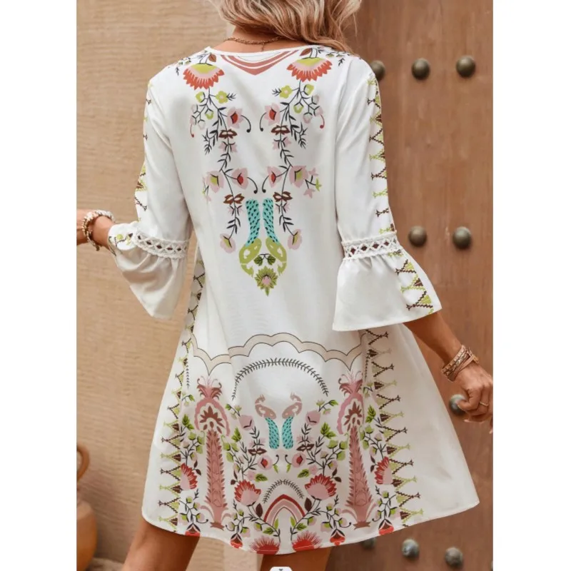 Nuovo sexy profondo scollo a V scava fuori abito longuette donna estate manica svasata allentata a-line abiti da spiaggia retro party boho dress abiti