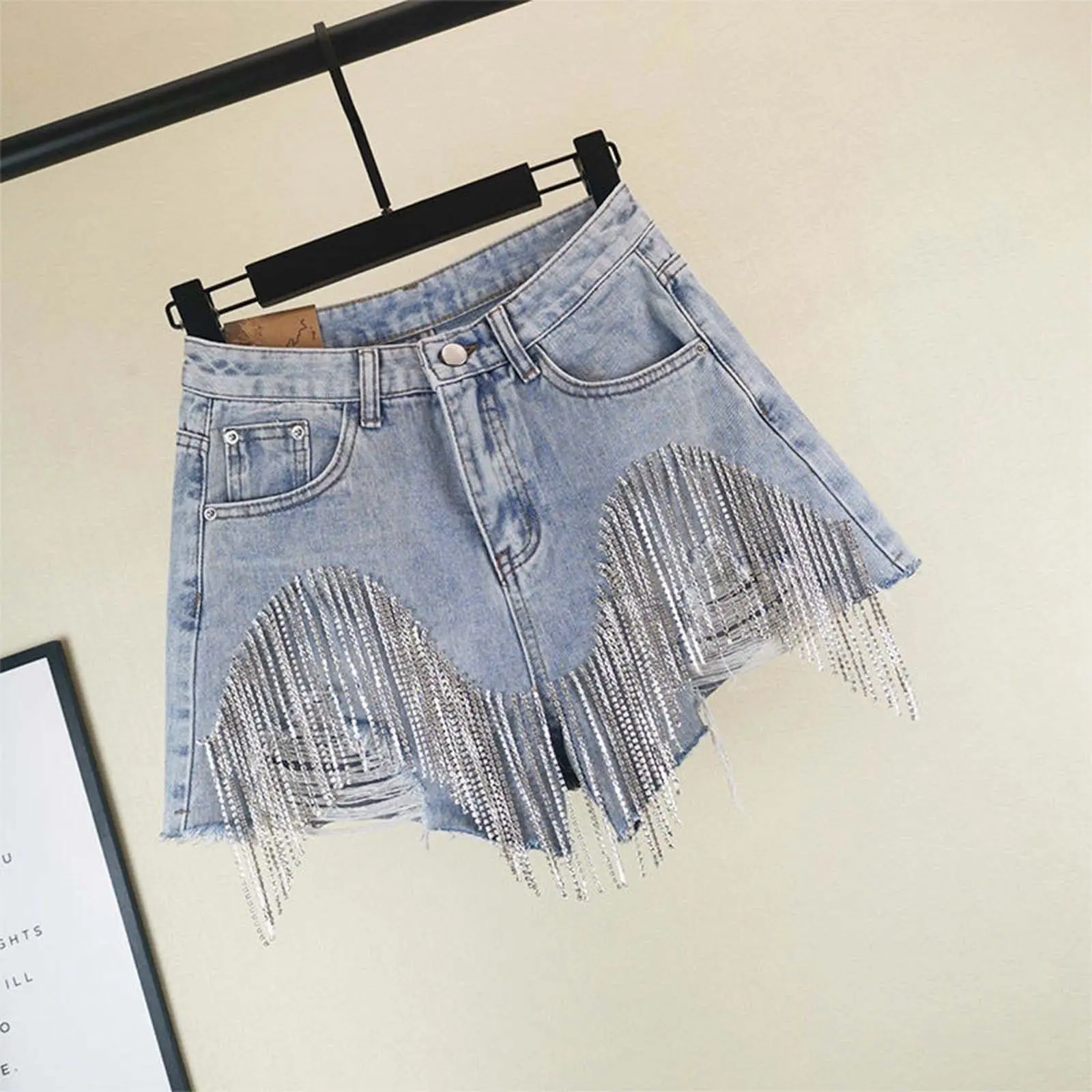 Sparkly Rhinestone Fringe Sexy Hole Tassel High Waist Denim Shorts for Women 2026 Summer Fashion Pockets Ripped Blue Jean Shorts