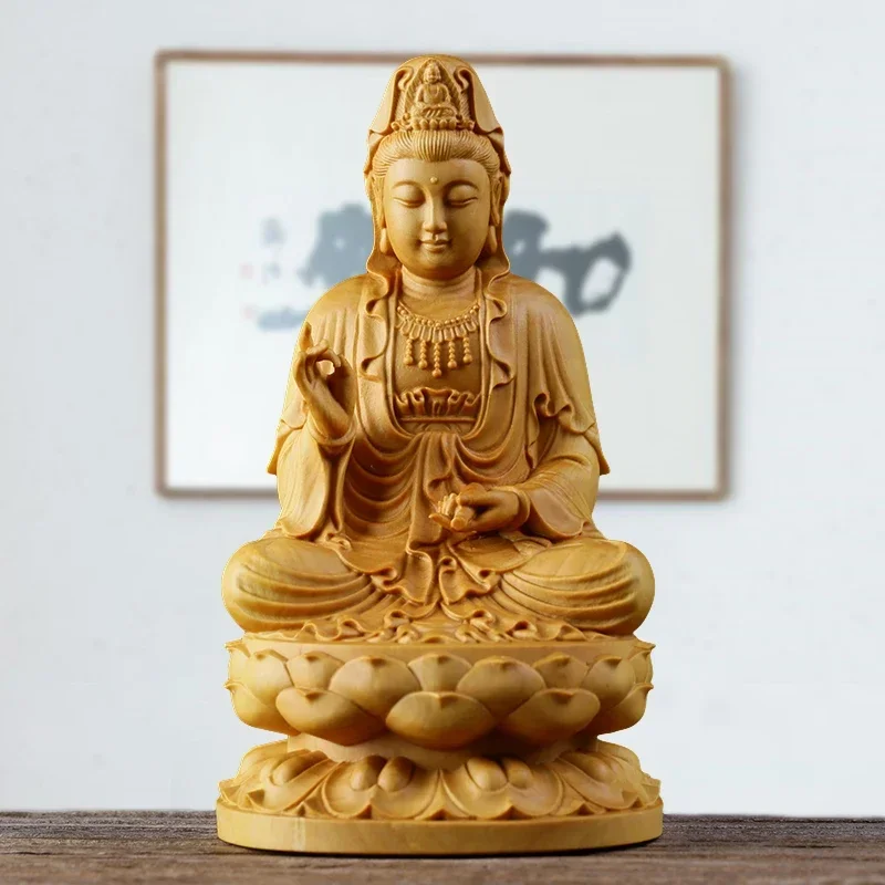 

MOYU Boxwood Wood Carving Avalokitesvara Buddha Home Offering Solid Wood Carving Sit Lotus Deity Avalokitesvara Bodhisattva Car