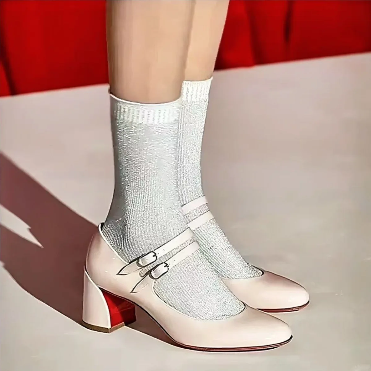 Patent Leather Round Toe Women Pumps Shoes Chunky High Heel Buckle Strap Design Large Size Shollow Marry Jane Shoes