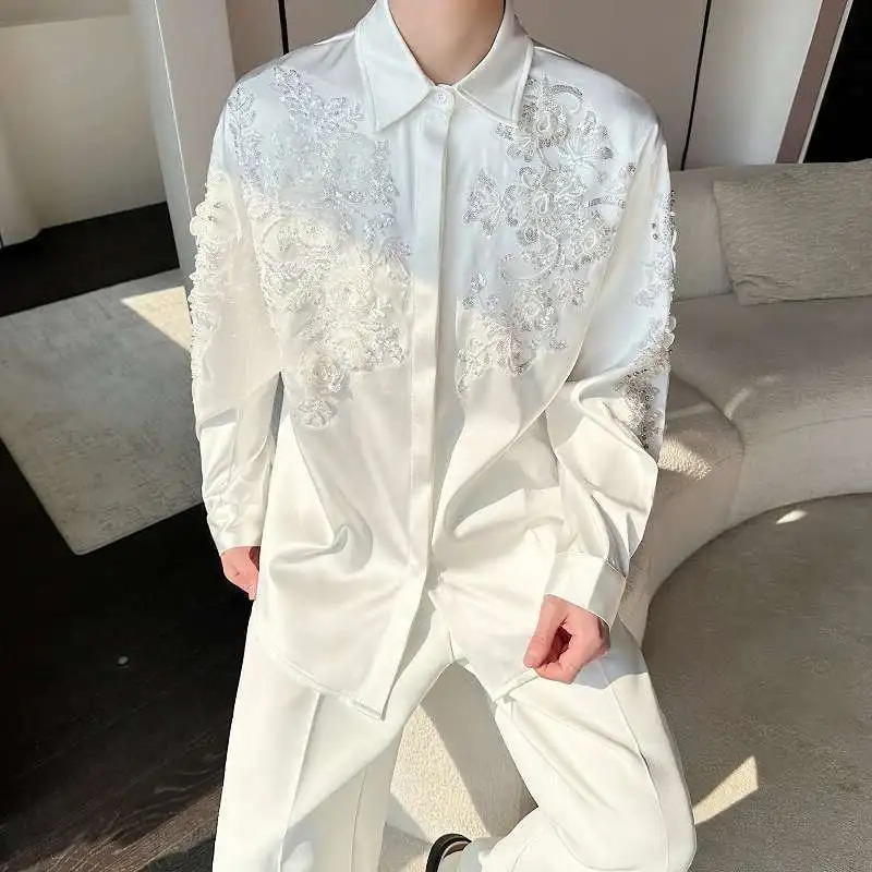 LUZHEN Men's Casual 2026 Design Spring Shirts Sequin Patchwork Fashion Elegant Temperament Solid Color Long Sleeve Tops JY8990