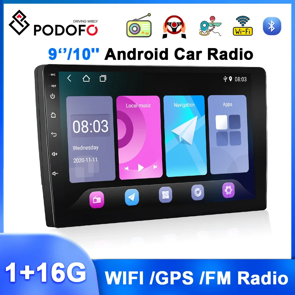 Podofo 2Din 9''/10'' Android Car Radio 1+16G Multimedia Player GPS Navigation Mirror Link WIFI Bluetooth FM DSP USB Car Stereo