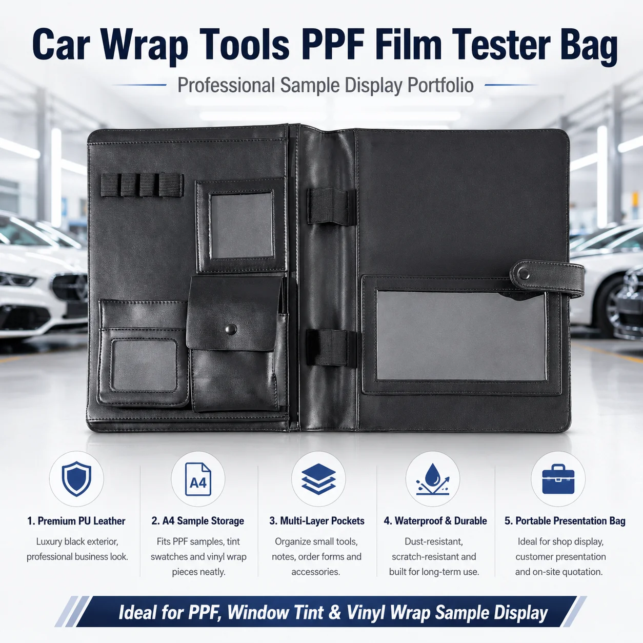 Black PU Leather PPF Film Tester Tool Organizer Case with Pockets for Car Wrap Tools, Portable A4 Handheld Storage Briefcase