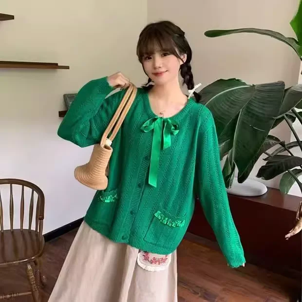 

Одежда Mori Kei в японском стиле, милый синий, зеленый, желтый, бежевый свитер для женщин, осенний трикотаж с длинными рукавами и милым бантом