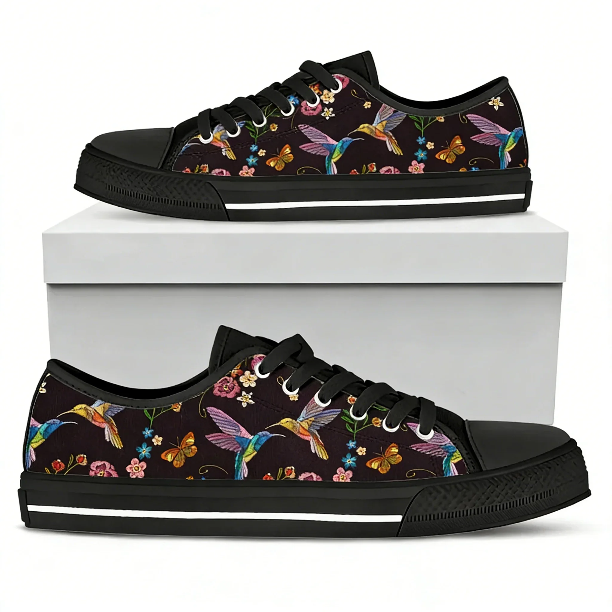 

Spring/Autumn Flats Shoes Woman Classic Walking Canvas Shoes Hummingbird and Floral Print Casual Vulcanized Sneakers