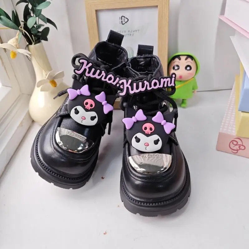 Anime Kuromi Girl Short Boots Leather Boots Winter Sanrios New Child Fashion Velvet Boots Kawaii Cartoon Autumn Cotton Boots