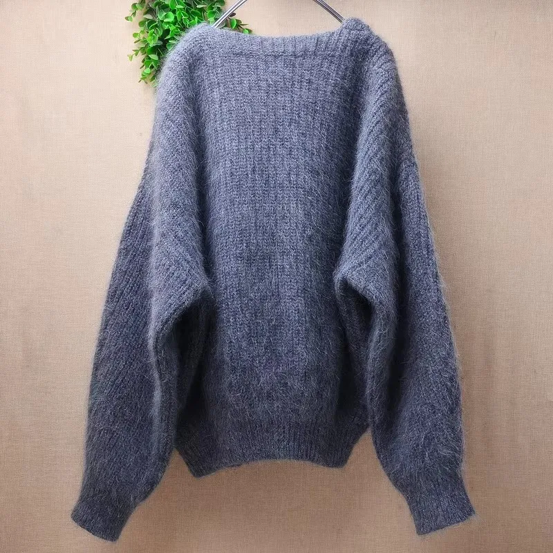 Women Mujer Autumn Winter Thick Warm Grey Hairy Angora Rabbit Hair Knitted Long Sleeves Short Style Loose Cardigans Mantle Coat